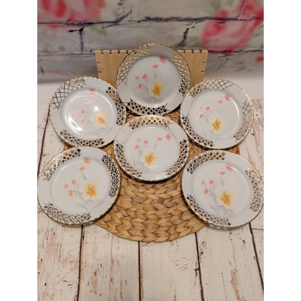 Reticulated APULUM Lucrum Romanian Fine Porcelain Plates Set Of 6 Floral Gold Tr